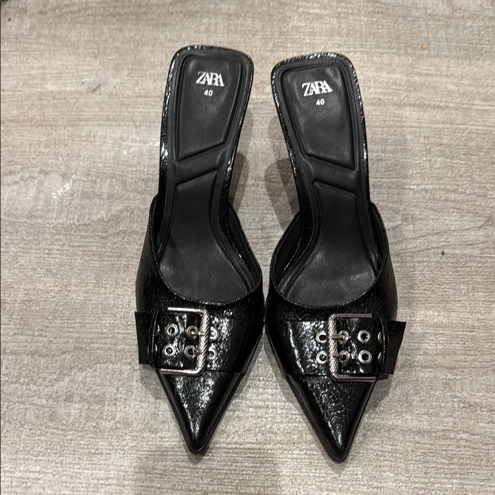 Zara Black Pointed Buckle Mules